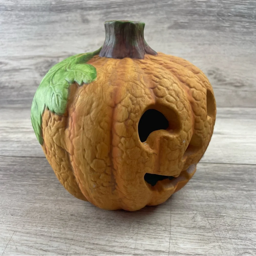 Vintage Ceramic Pumpkin Jack O Lantern With Ghost 7” Halloween Decor